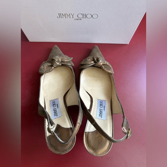 Size 37 1/2 Jimmy Choo Bronze Slingbacks with Point Toe and Bow. - Picture 7 of 10